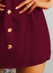 Burgundy Casual Square Neck 3/4 Sleeve Solid Color Button Down Mini Dress