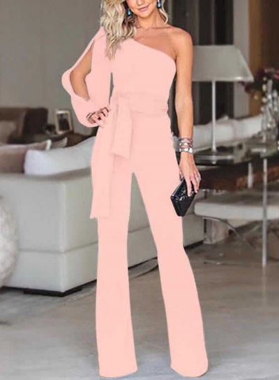 Fashion Sexy Asymmetric One Shoulder Wide Leg Lace-Up Solid Jumpsuit