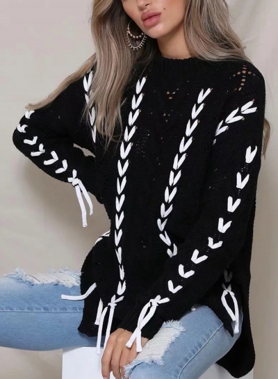 Black Round Neck Long Sleeve Lace-Up Hollow Out Slit Loose Sweater YOUYOUFASHIONEC.com