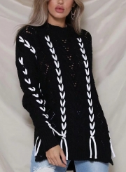 Black Round Neck Long Sleeve Lace-Up Hollow Out Slit Loose Sweater