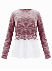 Pink Long Sleeve Contrast Colorblock Ruffle Hem Pullover Sweater