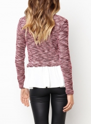 Pink Long Sleeve Contrast Colorblock Ruffle Hem Pullover Sweater