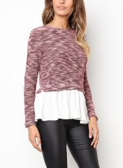 Pink Long Sleeve Contrast Colorblock Ruffle Hem Pullover Sweater