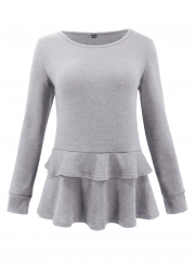 Grey Long Sleeve Round Neck Ruffle Hem Loose Solid Color Knitwear