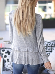 Grey Long Sleeve Round Neck Ruffle Hem Loose Solid Color Knitwear