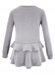 Grey Long Sleeve Round Neck Ruffle Hem Loose Solid Color Knitwear