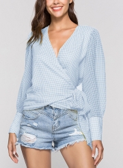 Blue Casual V Neck Long Sleeve Wrap Waist Tie Loose Plaid Blouse