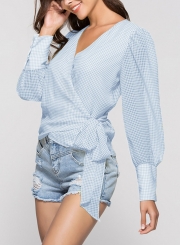 Blue Casual V Neck Long Sleeve Wrap Waist Tie Loose Plaid Blouse