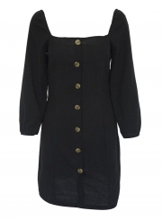 Black Casual Square Neck 3/4 Sleeve Solid Color Button Down Mini Dress