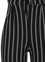 Summer Striped Spaghetti Strap Bowknot Backless Wide Leg Jumpsuit