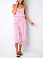 Pink Striped Spaghetti Strap Round Neck Backless Wide Leg Jumpsuit