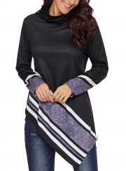 Black Striped High Neck Long Sleeve Irregular Loose Sweatshirt