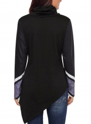Black Striped High Neck Long Sleeve Irregular Loose Sweatshirt