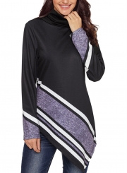 Black Striped High Neck Long Sleeve Irregular Loose Sweatshirt