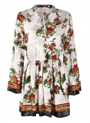 White Boho Floral Print V Neck Long Sleeve Elastic Waist Midi Dress