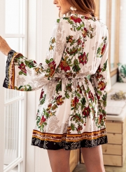 White Boho Floral Print V Neck Long Sleeve Elastic Waist Midi Dress