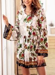 White Boho Floral Print V Neck Long Sleeve Elastic Waist Midi Dress