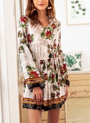 White Boho Floral Print V Neck Long Sleeve Elastic Waist Midi Dress