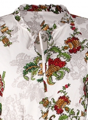 White Boho Floral Print V Neck Long Sleeve Elastic Waist Midi Dress