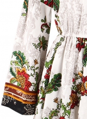 White Boho Floral Print V Neck Long Sleeve Elastic Waist Midi Dress