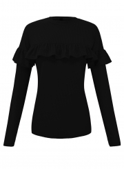 Black Women's Round Neck Long Sleeve Slim Solid Color Ruffle Pullover Tee