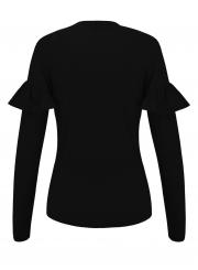 Black Women's Round Neck Long Sleeve Slim Solid Color Ruffle Pullover Tee