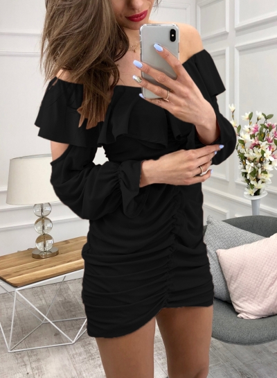 Black Sexy Off Shoulder Long Sleeve Lace-Up Solid Color Ruffle Mini Dress LZDINTECOMMERCE.com