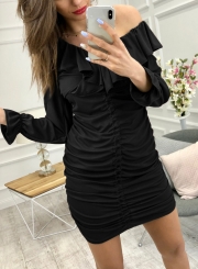 Black Sexy Off Shoulder Long Sleeve Lace-Up Solid Color Ruffle Mini Dress