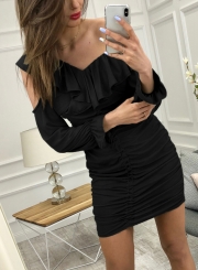 Black Sexy Off Shoulder Long Sleeve Lace-Up Solid Color Ruffle Mini Dress