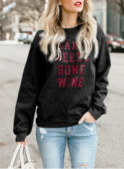 Black Letters Print Round Neck Long Sleeve Loose Pullover Sweatshirt