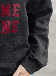 Black Letters Print Round Neck Long Sleeve Loose Pullover Sweatshirt