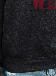 Black Letters Print Round Neck Long Sleeve Loose Pullover Sweatshirt