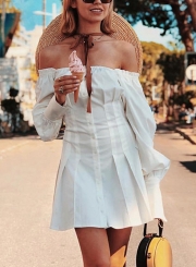 White Sexy Off Shoulder Long Sleeve Solid Color Button Down Mini Dress