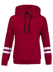 Burgundy Casual Striped Long Sleeve Loose Boyfriend Pullover Hoodie