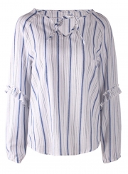 Blue Casual Striped V Neck Long Sleeve Loose Ruffle Blouse With Drawstring