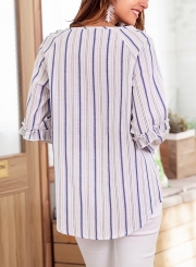 Blue Casual Striped V Neck Long Sleeve Loose Ruffle Blouse With Drawstring
