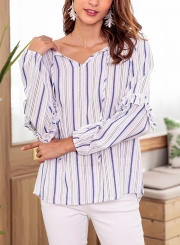 Blue Casual Striped V Neck Long Sleeve Loose Ruffle Blouse With Drawstring