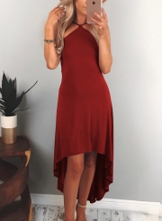 Burgundy Women's Fashion Sexy Solid Irregular Halter Off The Shoulder Midi Dress