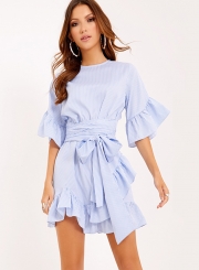 Casual Round Neck Flare Sleeve Waist Tie Ruffle Hem Irregular Dress