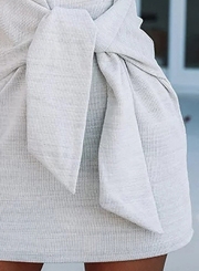 White Round Neck Lantern Sleeve Bow Tie Solid Color Mini Dress