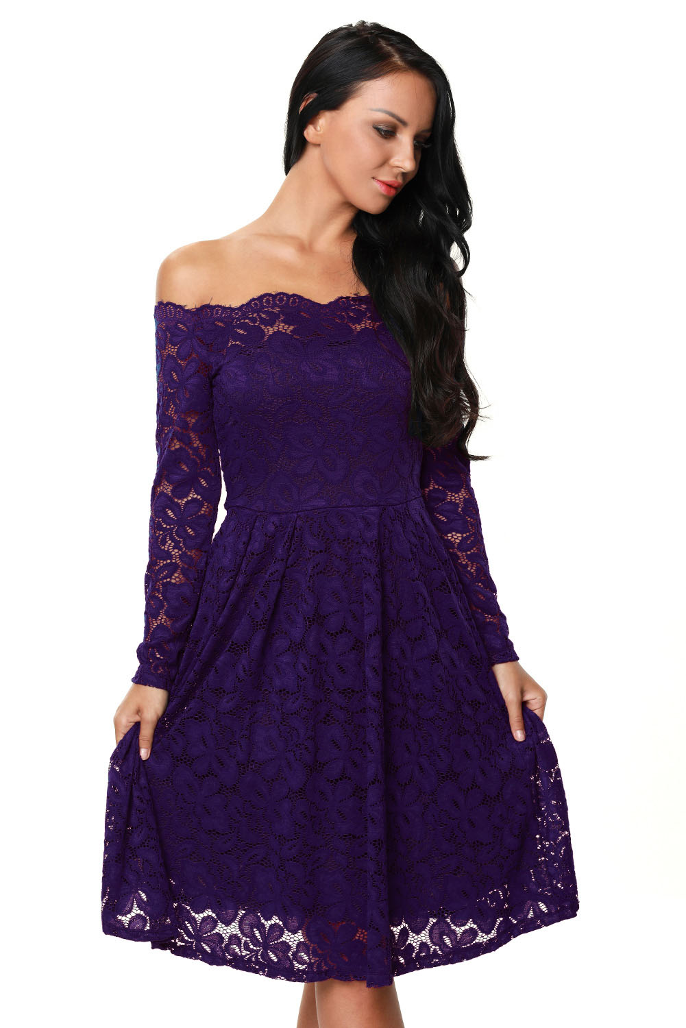 Purple Long Sleeve Floral Lace Boat Neck Cocktail Swing Dress ...