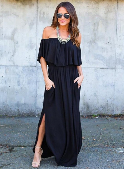 Women's Boho off Shoulder Short Sleeve Ruffle Solid Maxi Dress with Pockets