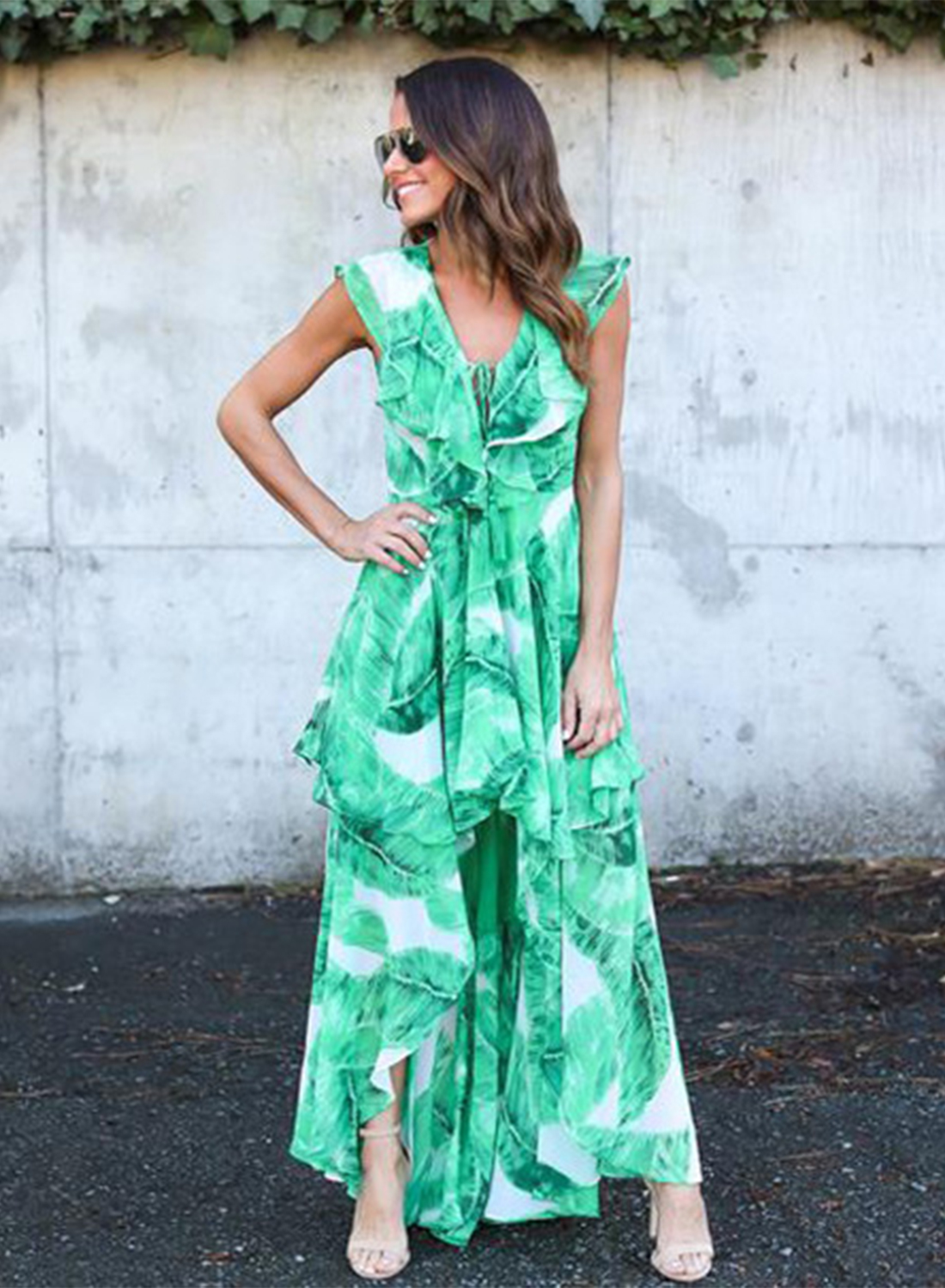 Women's Sleeveless Ruffle Green Leaf Irregular Maxi Dress - STYLESIMO.com