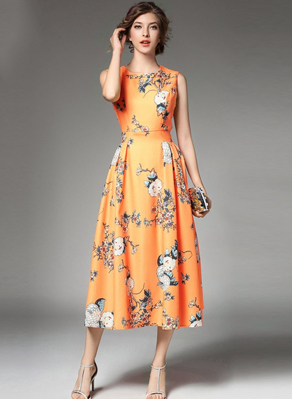 Women's Fashion Sleeveless Floral A-line Midi Party Dress - STYLESIMO.com