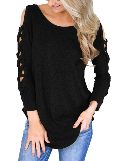 Fashion Round Neck Long Sleeve Hollow Out Tee Shirt STYLESIMO.com