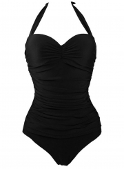 Solid One Piece Halter Padded Slim Fit Swimsuit - STYLESIMO.com