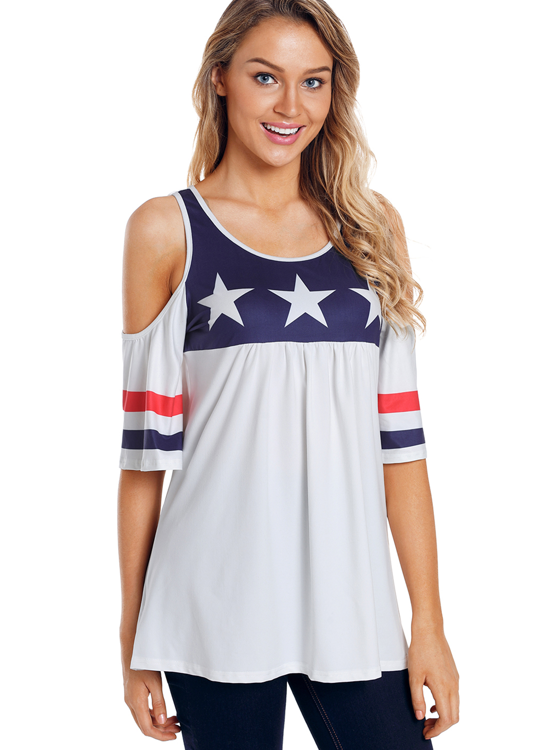 Summer Loose Short Sleeve Off The Shoulder Round Neck Tee With Stars ...