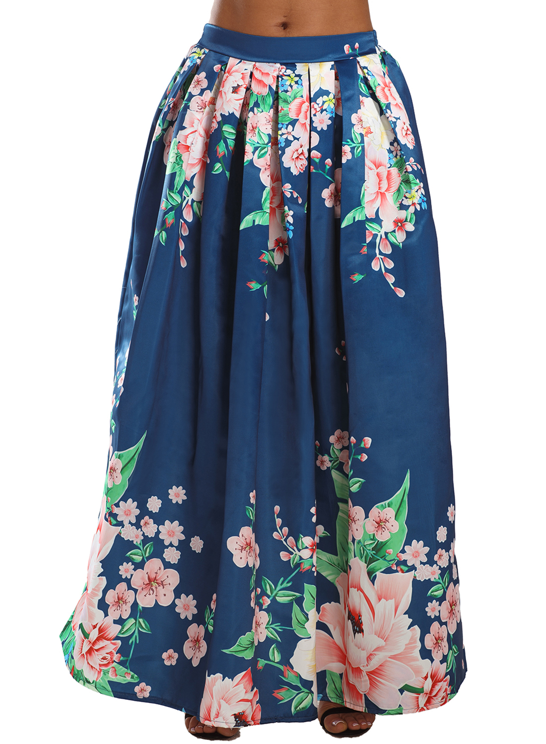 Coral Floral Elegant Flared Elastic Waist Maxi Skirt - STYLESIMO.com
