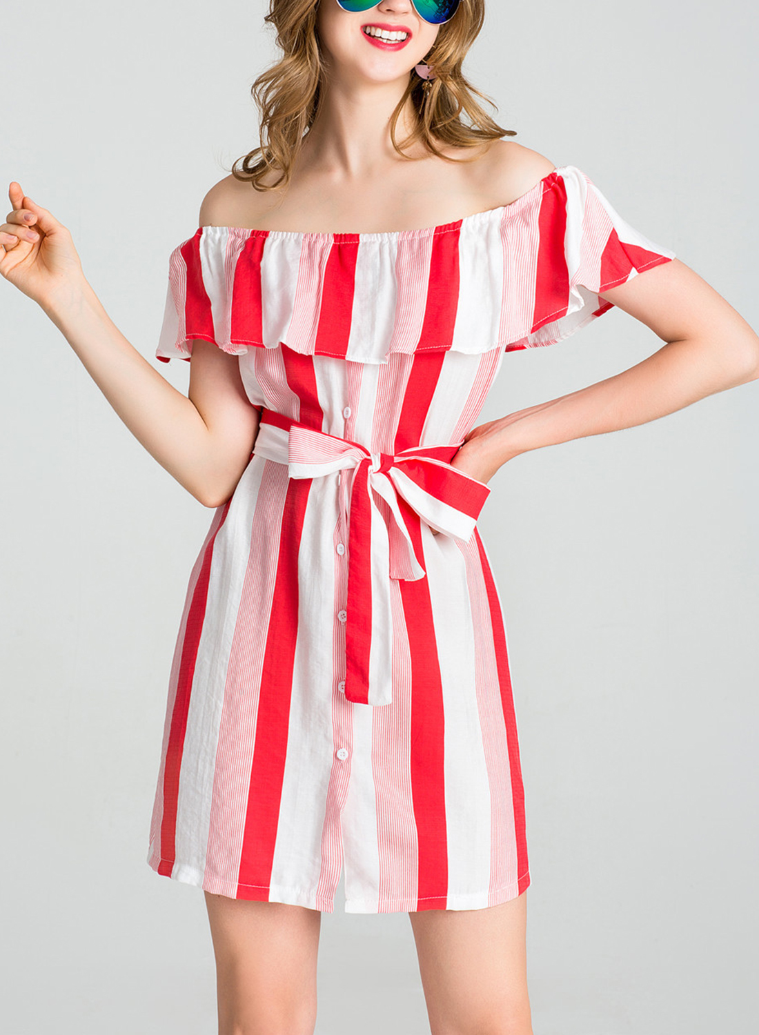 Summer Striped Off The Shoulder Bow Tie Button Down A-line Mini Dress ...