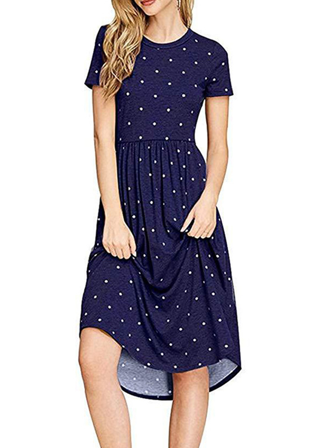 Navy Short Sleeve Polka Dot Elastic Knit Dress - STYLESIMO.com